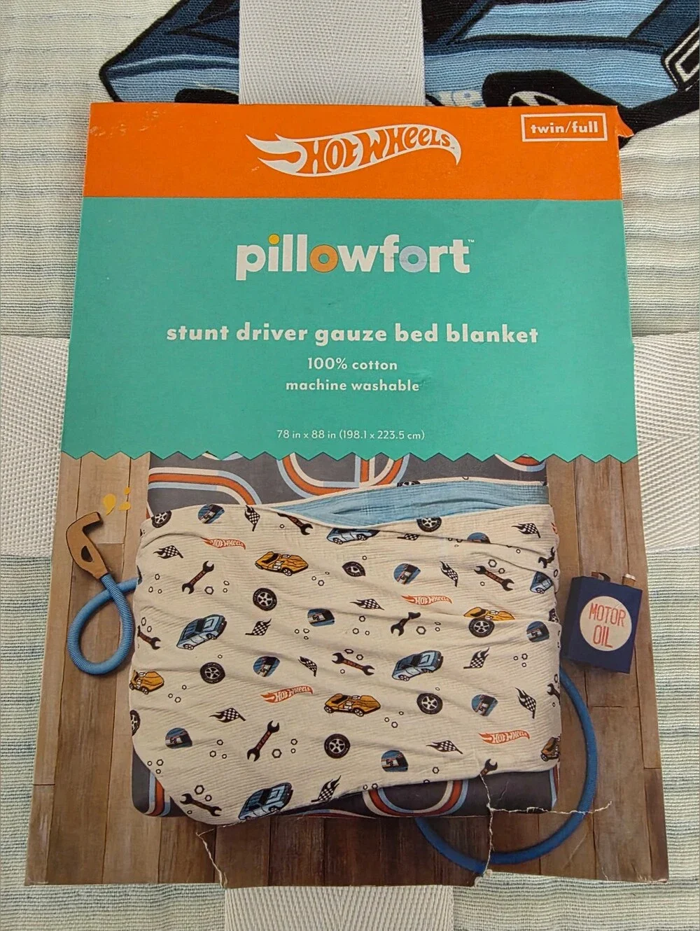Twin/Full Hot Wheels Retro Matelasse Cotton Gauze Print Kids' Bed Blanket Cream